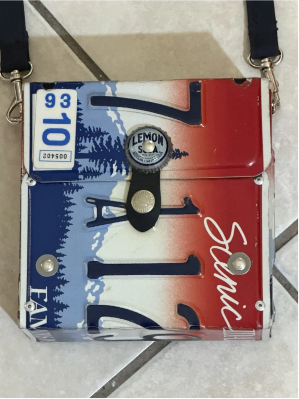 LITTLE EARTH IDAHO LICENSE METAL PLACE SQUARE BAG RARE 90 VINTAGE